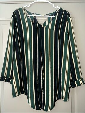Signature Studio Green and Black Striped V-Neck Blouse